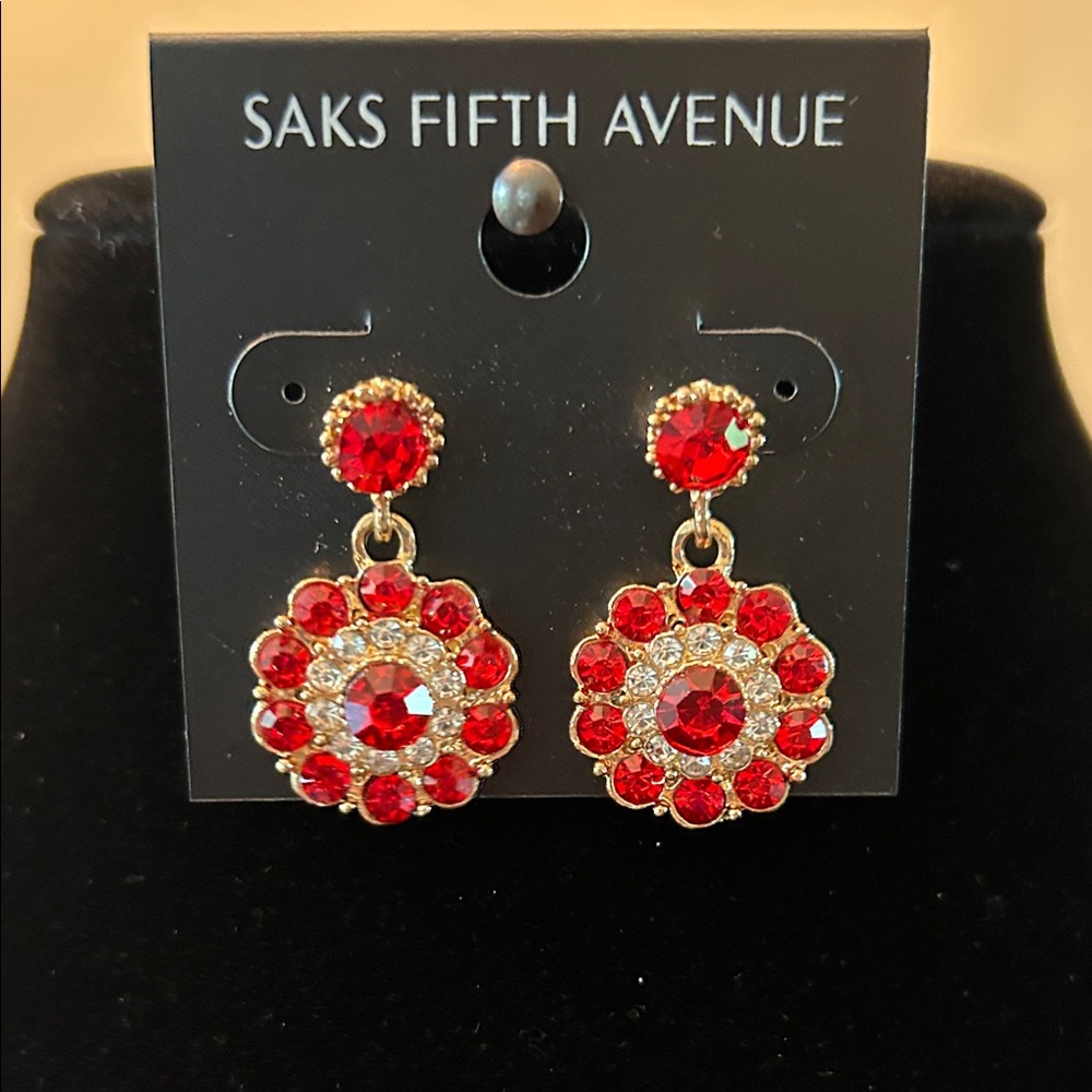 Saks Fifth Avenue Vibrant Red and Gold Floral Earrings